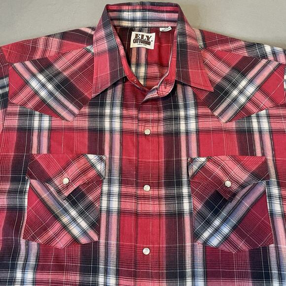 Ely Cattleman Mens Large Red Plaid Pearl Snap Holiday Western Short Sleeve Shirt - Picture 2 of 8